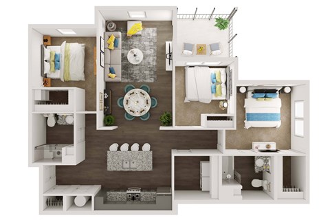 A 3D floor plan of a small apartment with a kitchen, living room, and bathroom.